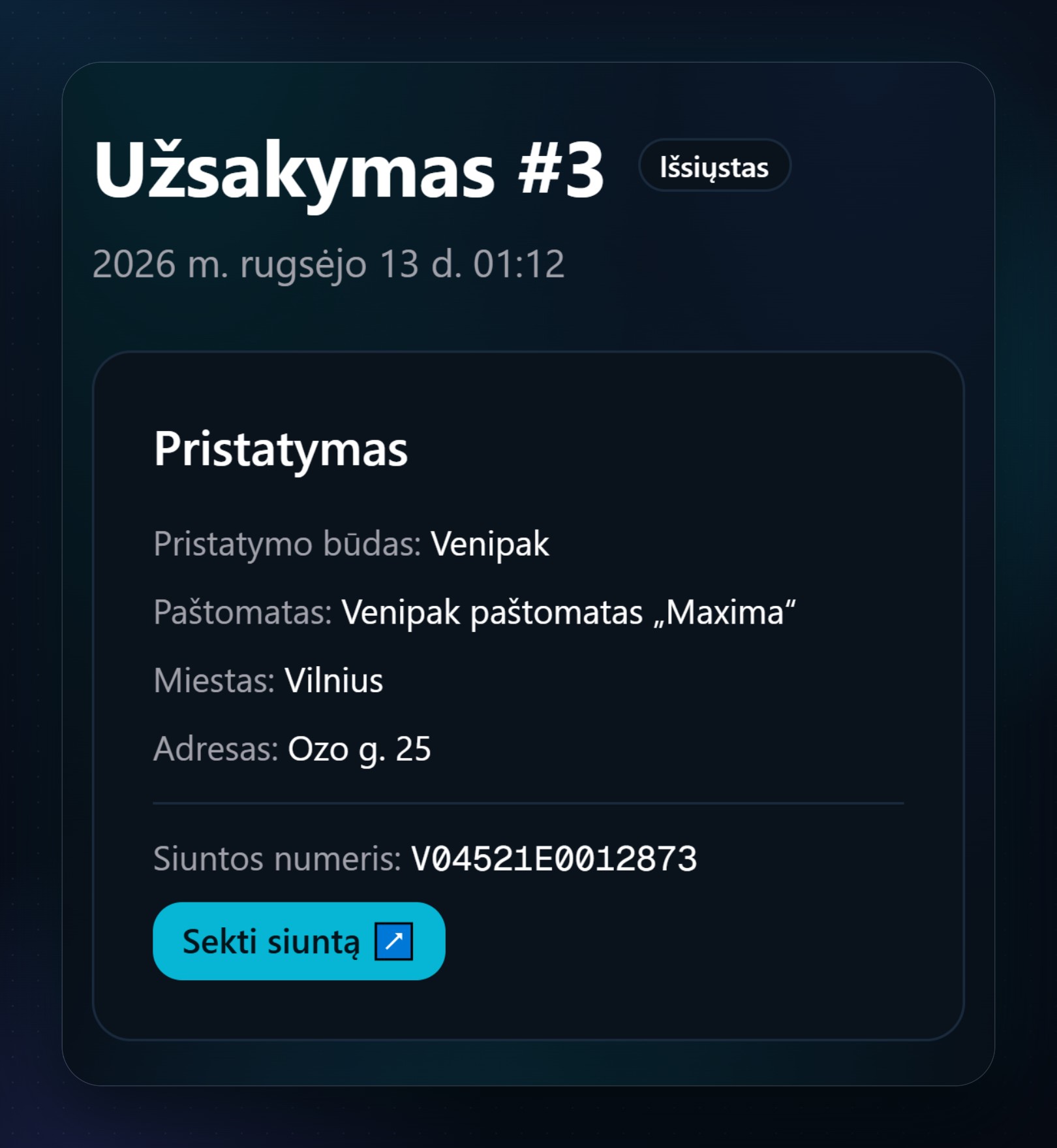 Siuntos numeris ir mygtukas „Sekti siuntą“ užsakyme